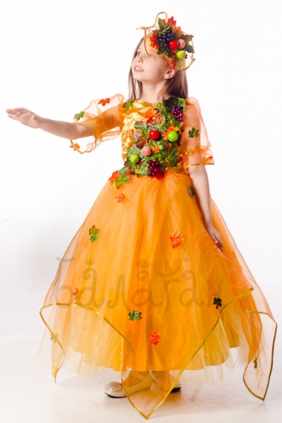  Beautiful autumn costume for little girl long orange dress with fruits 
