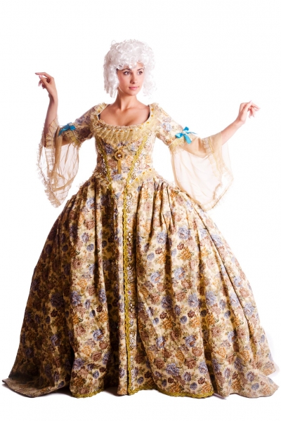 18 century history dress costume for woman with pannier frame in a flowers